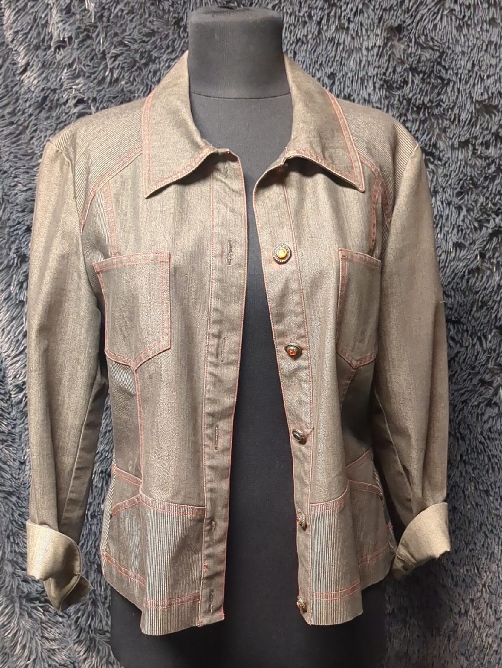 Women's Grey With Orange Stitching Jean Jacket with Contrast Stitching